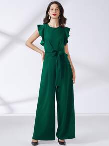 MIUSOL Jumpsuit de pierna ancha ribete con fruncido con cinturón - Verde Oscuro - Ver 3