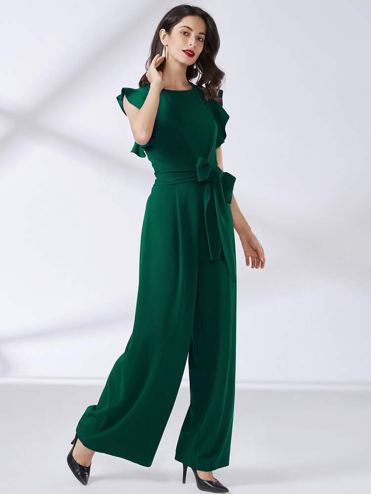 MIUSOL Ruffle Trim Belted Wide Leg Jumpsuit - Dark Green - View 4