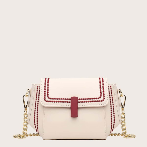 

Stitch Detail Flap Chain Bag, Beige