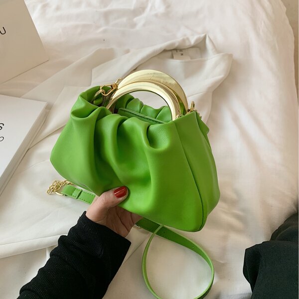 

Metal Handle Ruched Satchel Bag, Green