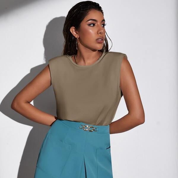 

Padded Shoulder Solid Tank Top, Khaki