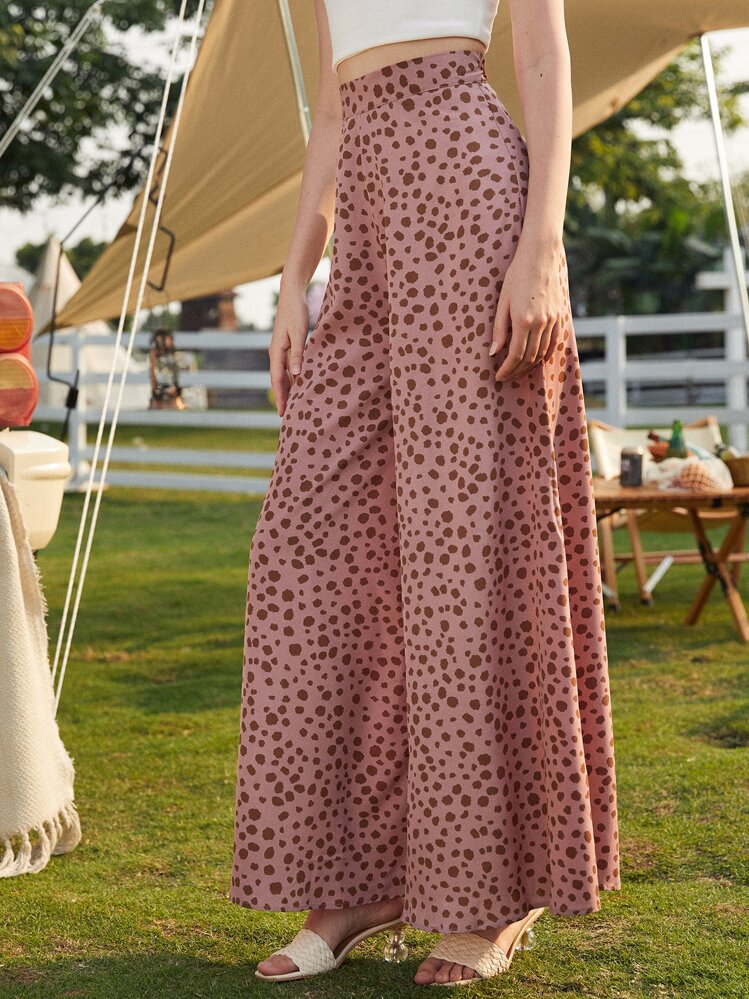SHEIN LUNE Speckled Print High-Rise Wide Leg Pants - Dusty Pink - View 1