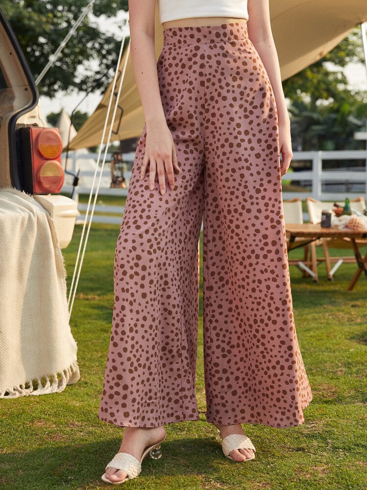 SHEIN LUNE Speckled Print High-Rise Wide Leg Pants - Dusty Pink - View 3