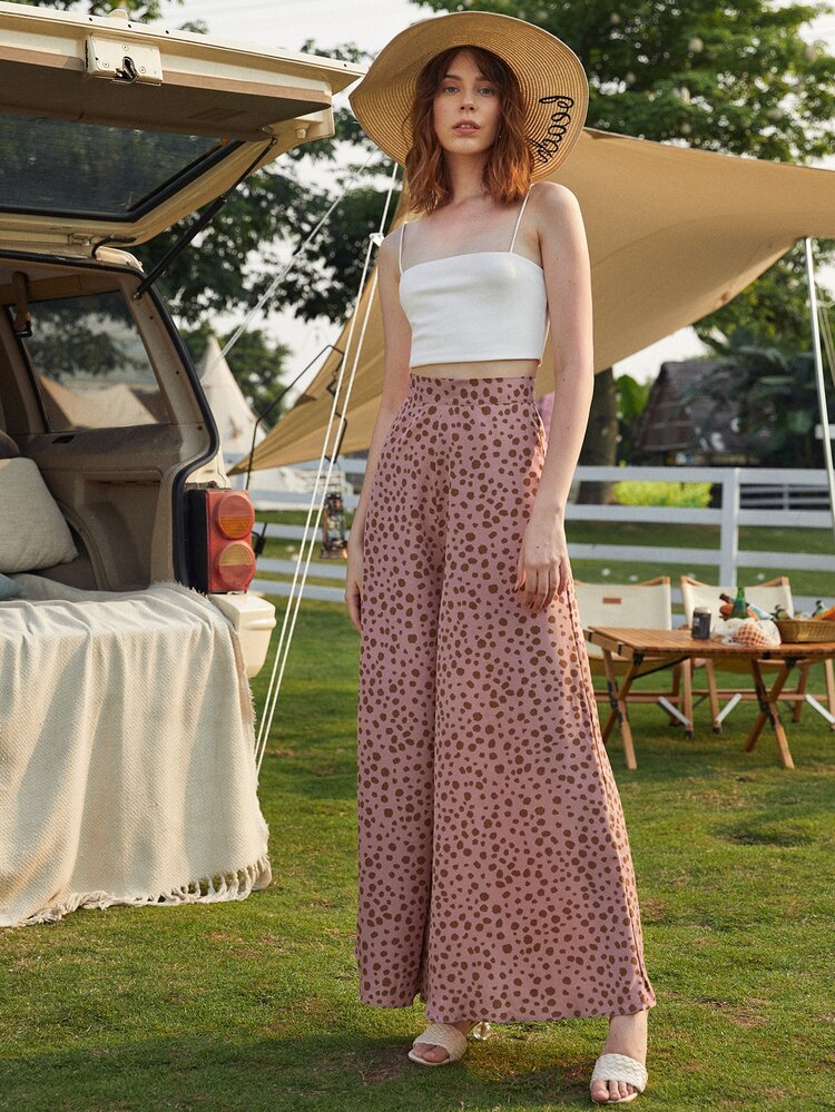 SHEIN LUNE Speckled Print High-Rise Wide Leg Pants - Dusty Pink - View 5