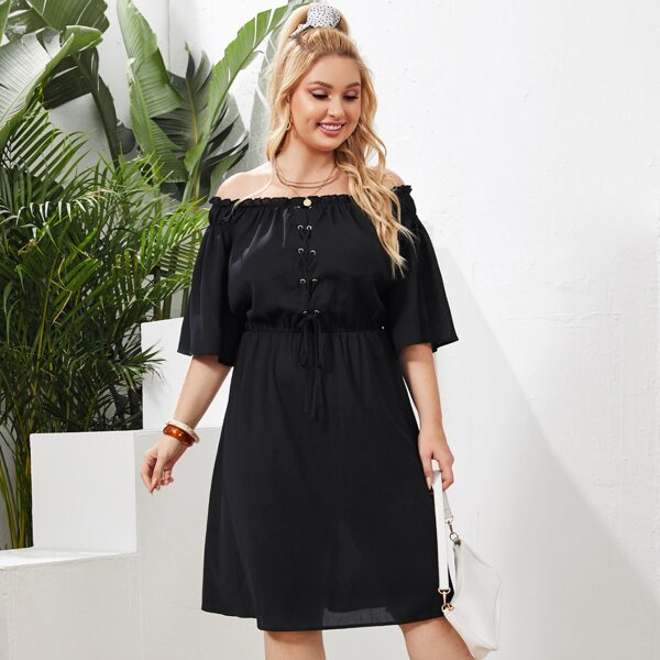 

Plus Grommet Eyelets Lace Up Bardot Dress, Black