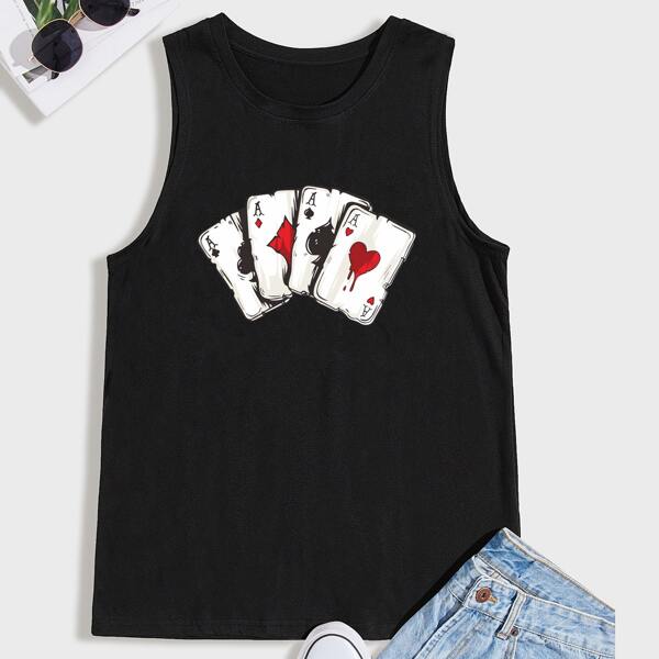 

Men Playing Card Print Tank Top, Black