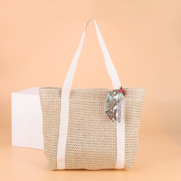 

Scarf Decor Straw Design Shoulder Tote Bag, Beige