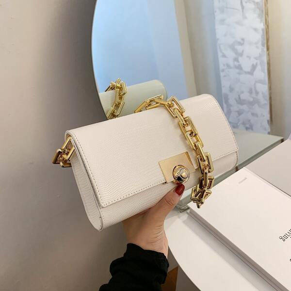 

Lizard Print Flap Chain Shoulder Bag, White