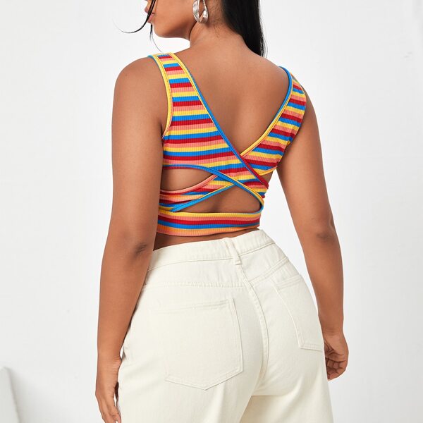 

Plus Rainbow Stripe Criss Cross Back Crop Tank Top, Multicolor