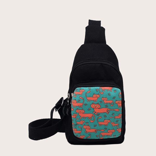 

Cartoon Cat Graphic Sling Bag, Black