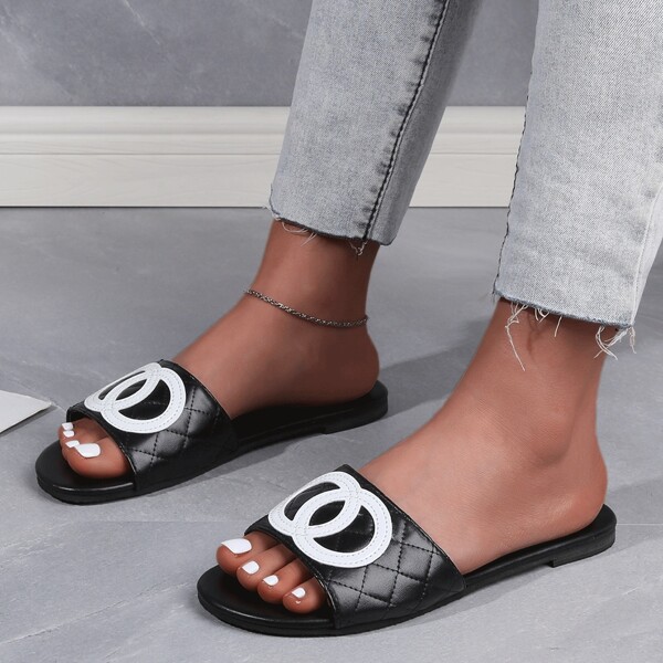 

Two Tone Quilted Slide Sandals, Black