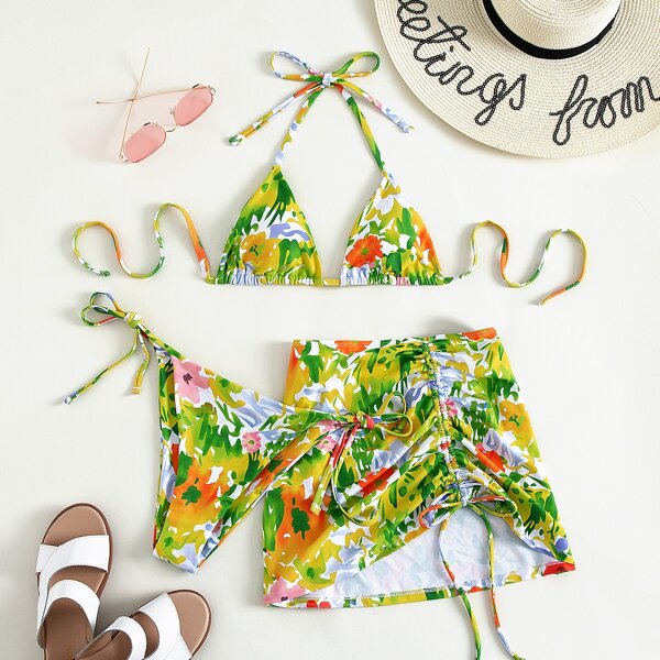 

3pack Floral Random Print Halter Bikini Swimsuit With Drawstring Cover Up, Multicolor