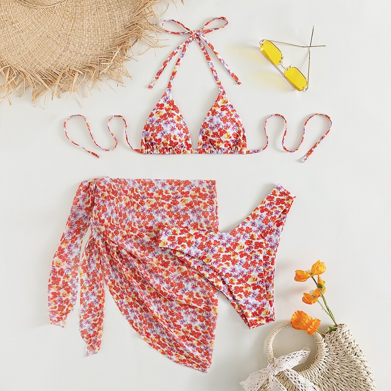 

3pack Ditsy Floral Bikini Swimsuit With Beach Skirt, Multicolor