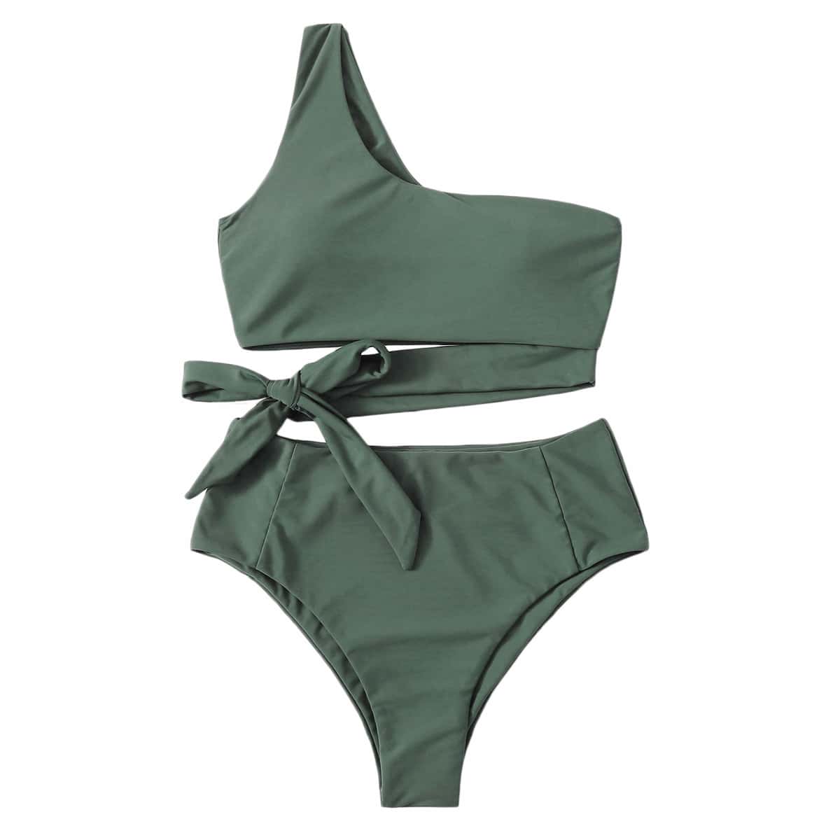 

Knot Side One Shoulder Bikini Swimsuit, Army green