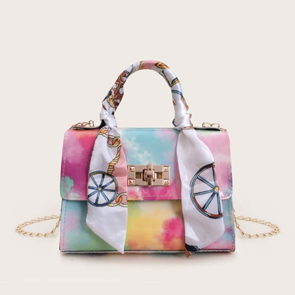 

Twilly Scarf Decor Tie Dye Flap Chain Bag, Multicolor