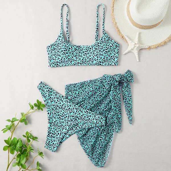 

3pack Leopard Bikini Swimsuit & Beach Skirt, Multicolor