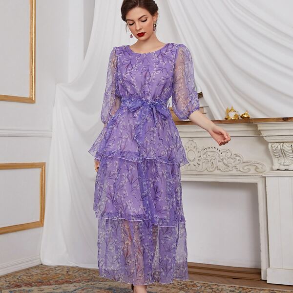 

Floral Print Bishop Sleeve Belted Layered Dress, Lilac purple