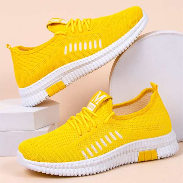 

Lace Up Decor Knit Running Shoes, Yellow