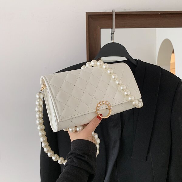

Faux Pearl Decor Quilted Crossbody Bag, White