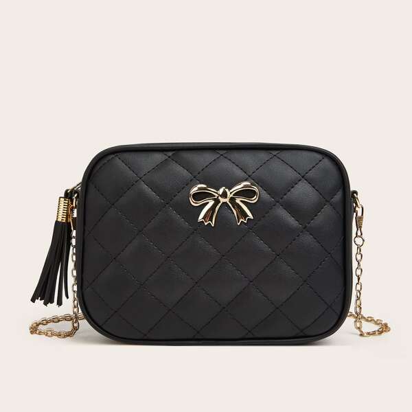 

Tassel Decor Quilted Chain Crossbody Bag, Black