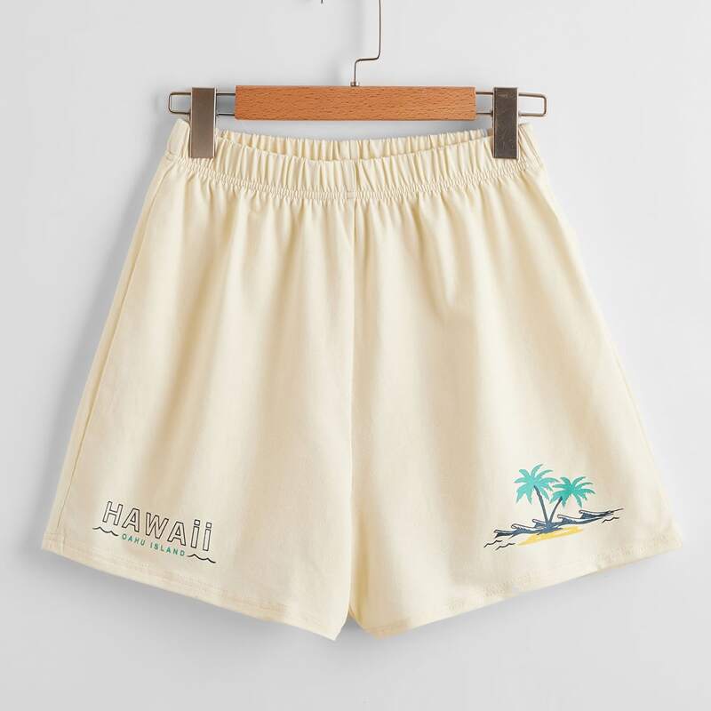 

Letter Tropical Graphic Shorts, Beige