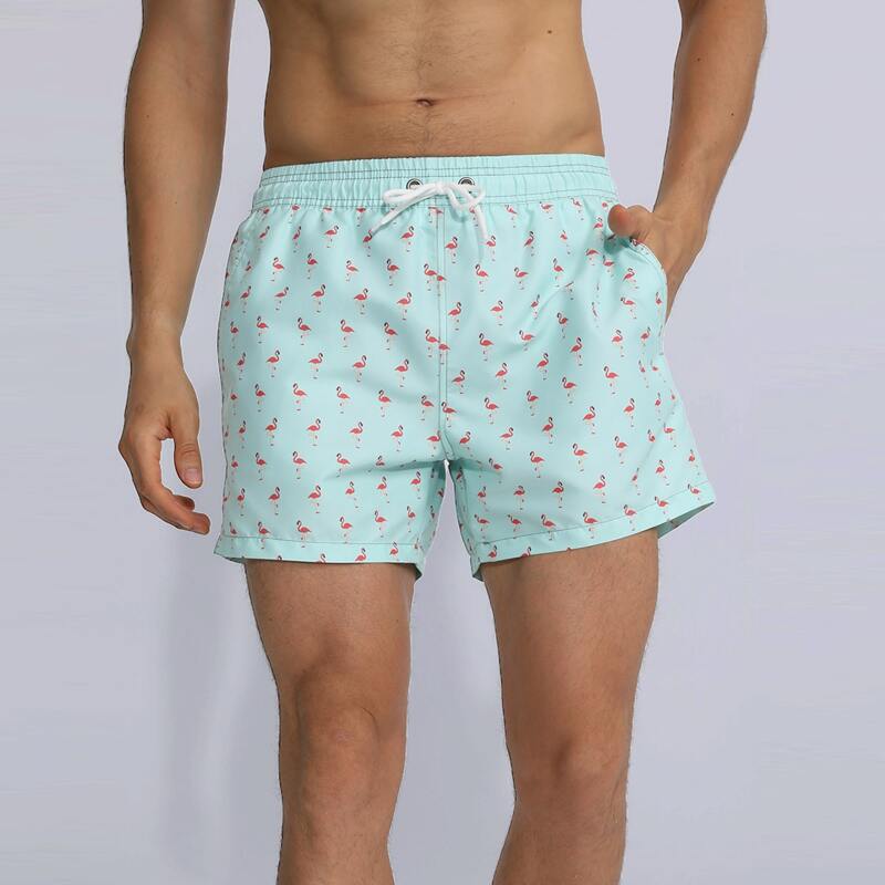 

Guys Flamingo Print Drawstring Waist Swim Trunks, Mint blue