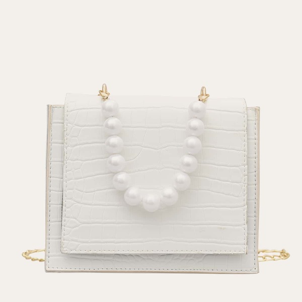 

Faux Pearl Handle Croc Embossed Satchel Bag, White