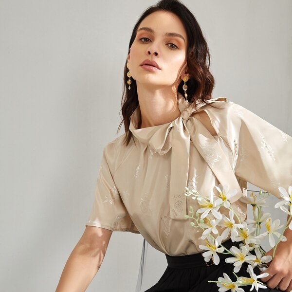 

Solid Tie Neck Satin Blouse, Apricot