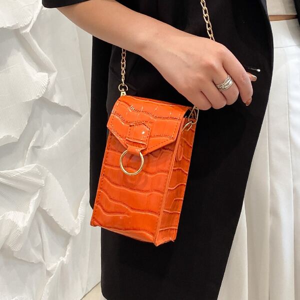

Mini Croc Embossed Chain Crossbody Bag, Orange