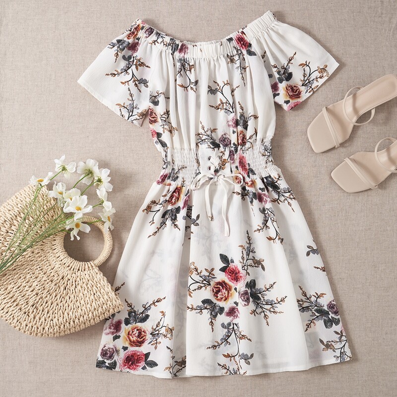 

Floral Print Shirred Dress, White