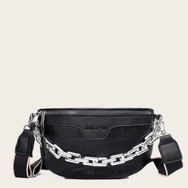 

Chain Decor Croc Embossed Crossbody Bag, Black