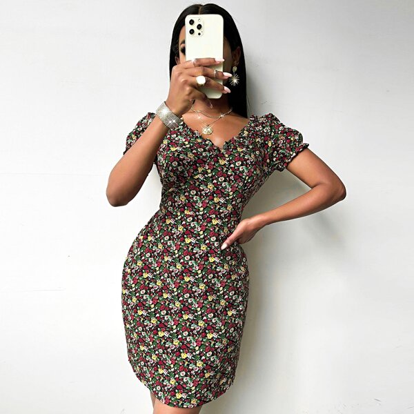 

Ditsy Floral Puff Sleeve Fitted Dress, Multicolor
