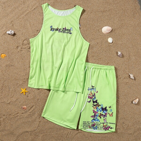 

Men Butterfly And Slogan Graphic Tank Top & Shorts, Lime green
