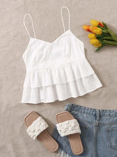 Soleia 素色網眼刺繡多層下擺吊帶上衣