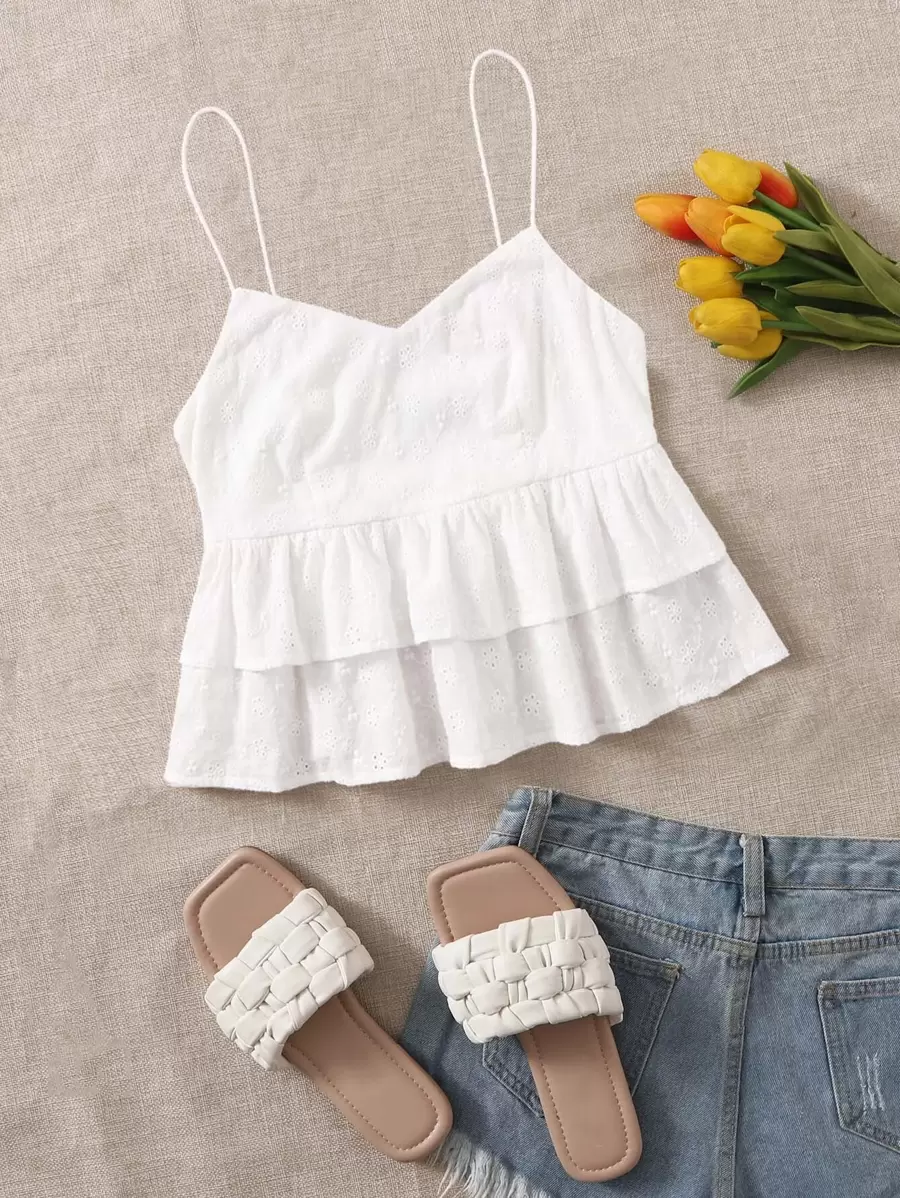 Soleia 素色網眼刺繡多層下擺吊帶上衣 - 白色 - 查看 1