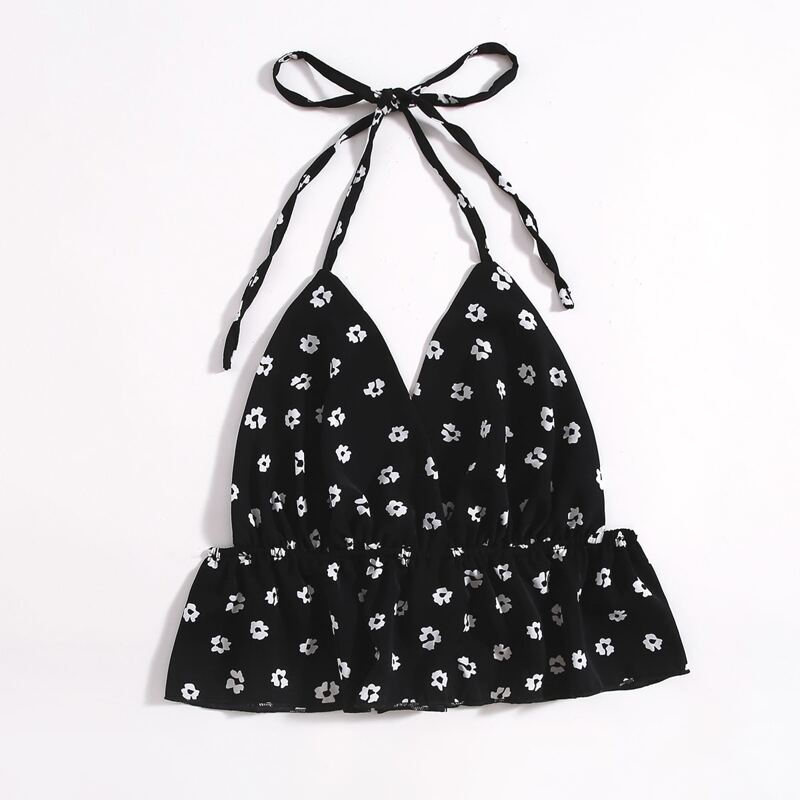

Floral Print Halter Top, Black