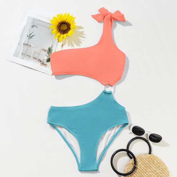 

Color Block Textured One Shoulder One Piece Swimsuit, Multicolor
