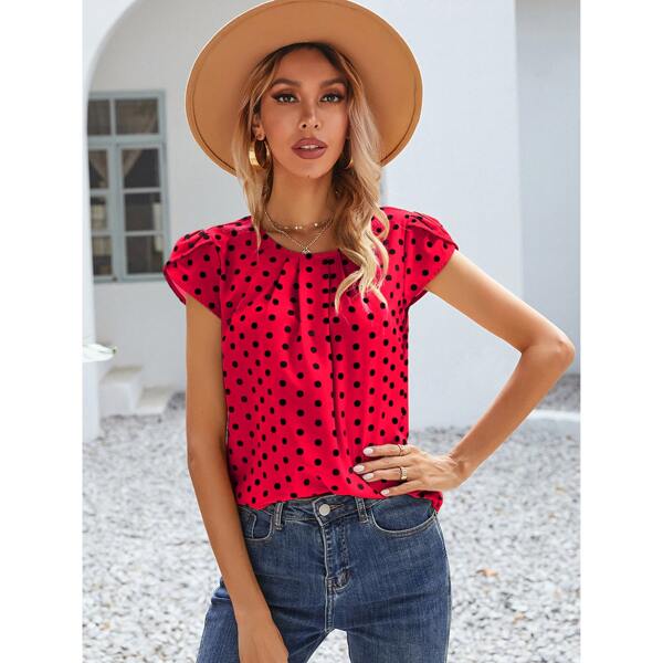 

Polka Dot Petal Sleeve Blouse, Rose red