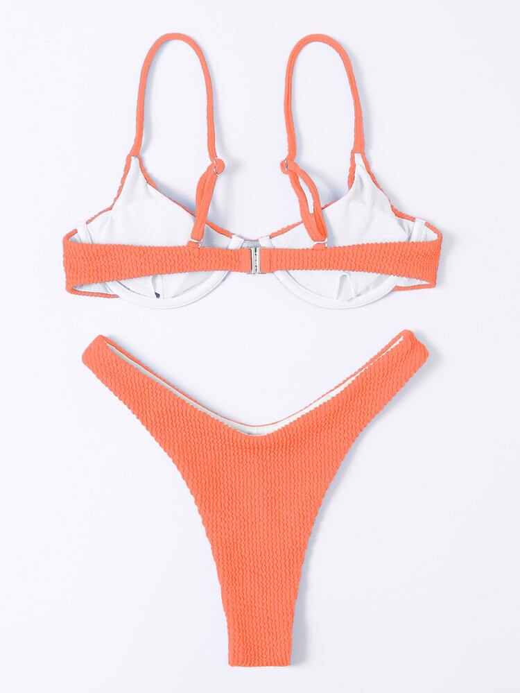 Textured Underwire High Cut Bikini - Coral Pink - View 6