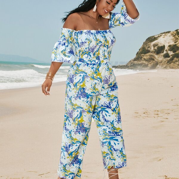 

Plus Floral Shirred Bardot Top With Pants, Multicolor
