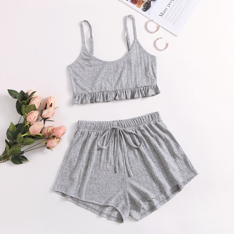

Solid Ruffle Trim Cami Lounge Set, Grey