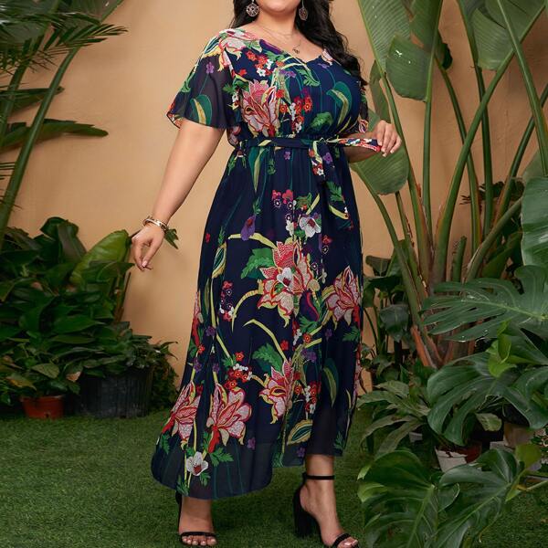 

Plus Floral Print Butterfly Sleeve Belted Dress, Multicolor