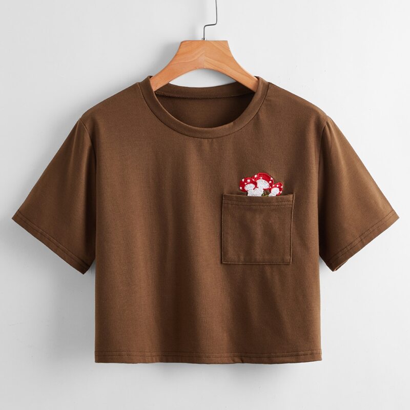 

Mushroom Embroidery Pocket Crop Tee, Coffee brown