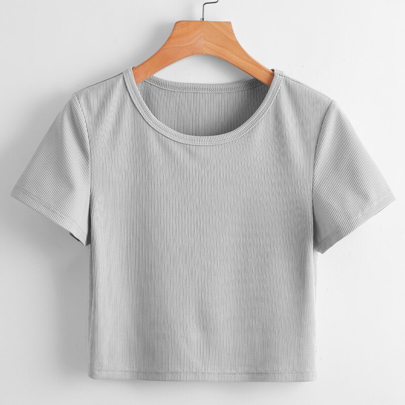 

Solid Ribbed Crop Tee, Light grey