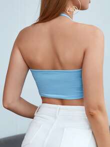 SHEIN Qutie 繫帶抽繩繞頸短版上衣 - 淺藍色 - 查看 2