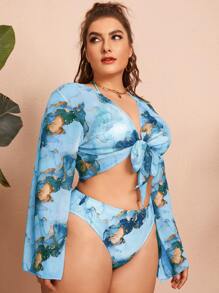 3packs Plus Size Marble Print Bikini Set & Kimono Summer Beach - Blue - View 1