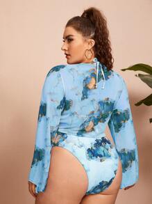 3packs Plus Size Marble Print Bikini Set & Kimono Summer Beach - Blue - View 2