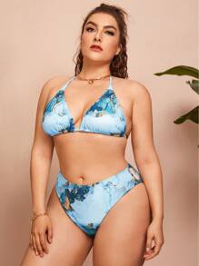 3packs Plus Size Marble Print Bikini Set & Kimono Summer Beach - Blue - View 3
