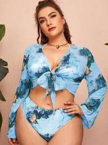 3packs Plus Size Marble Print Bikini Set & Kimono Summer Beach - Blue - View 4