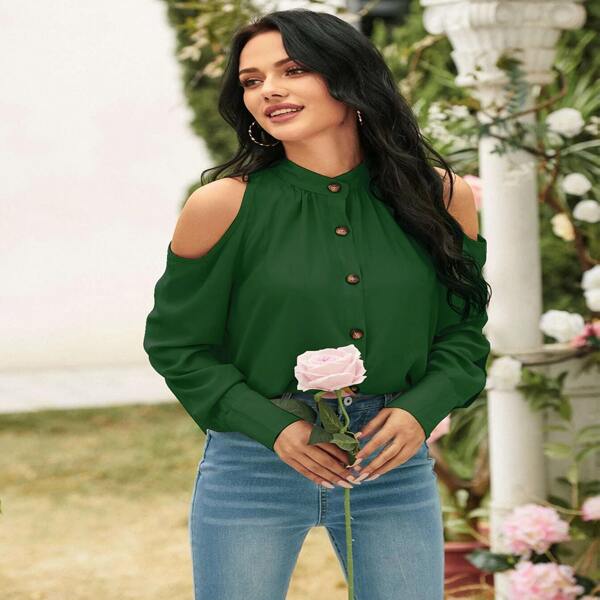 

Cold Shoulder Button Front Blouse, Dark green